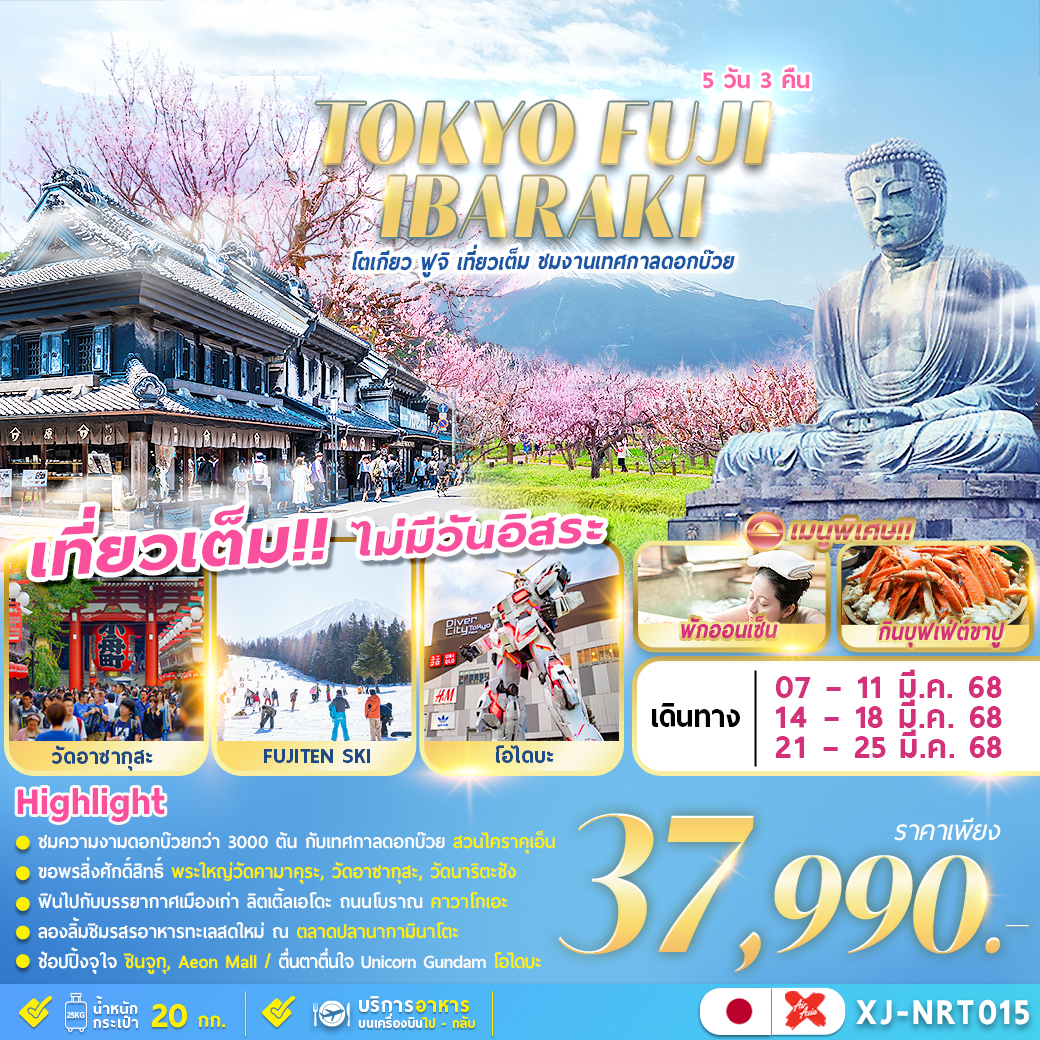 ทัวร์ญี่ปุ่น TOKYO FUJI IBARAKI  เที่ยวเต็ม ไม่มีอิสระ 5วัน 3คืน (XJ)