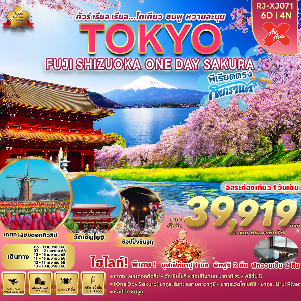 ทัวร์ญี่ปุ่น TOKYO FUJI  SHIZUOKA ONE DAY SAKURA 6วัน 4คืน (XJ)